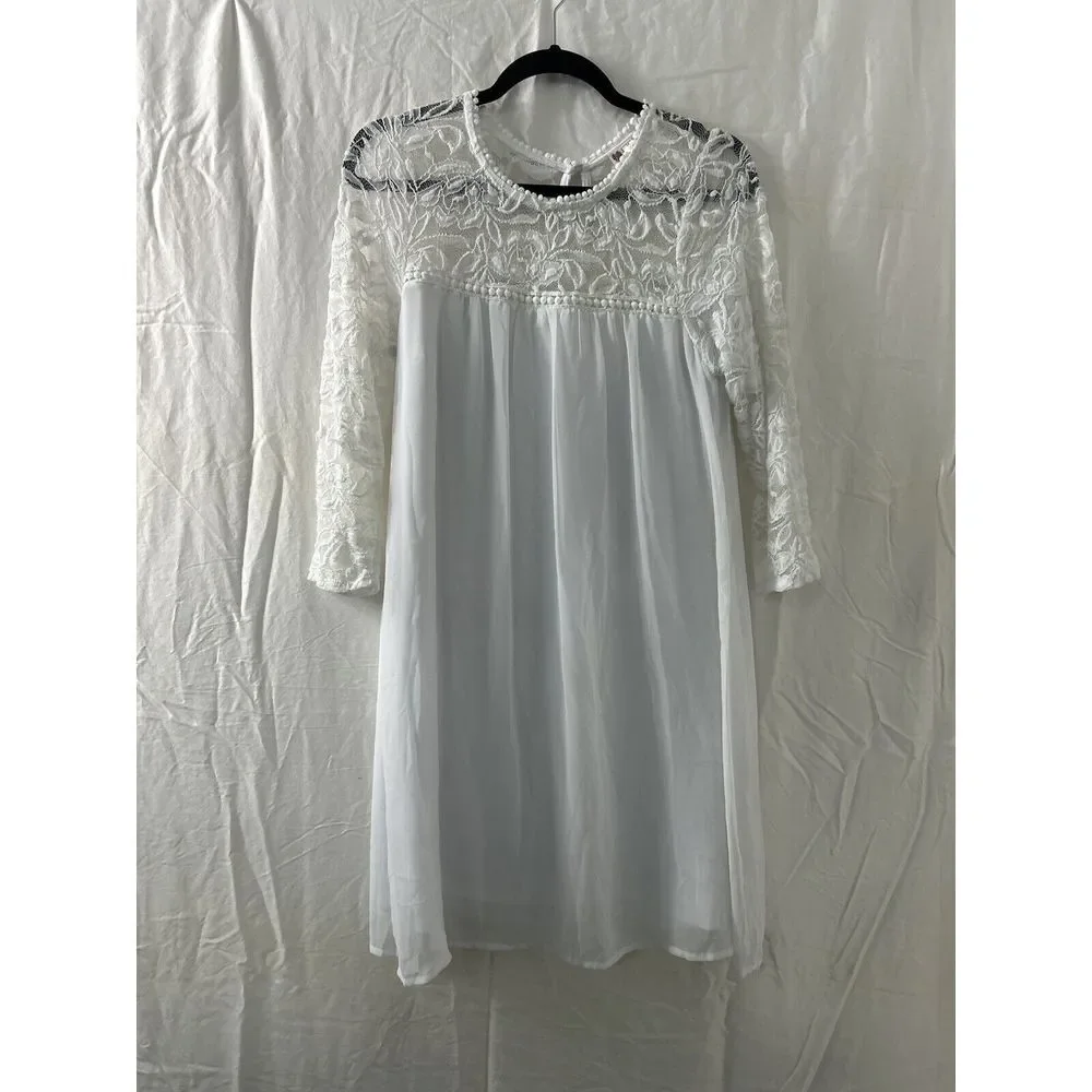 AUW Lace Chiffon Dress Size Medium White Sheet Lined‎ 3/4 Sleeve
